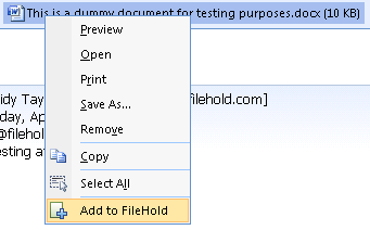 Microsoft Outlook - Save attachment to FileHold
