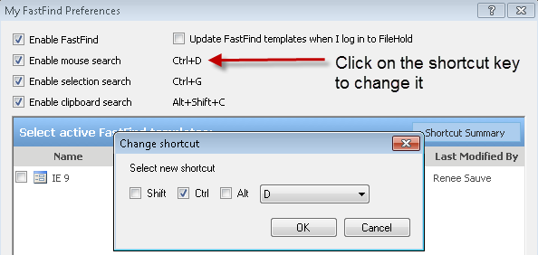 Setting the shortcut keys for FastFind