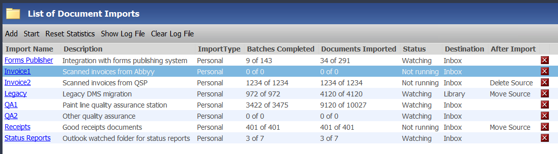 Manage imports screen