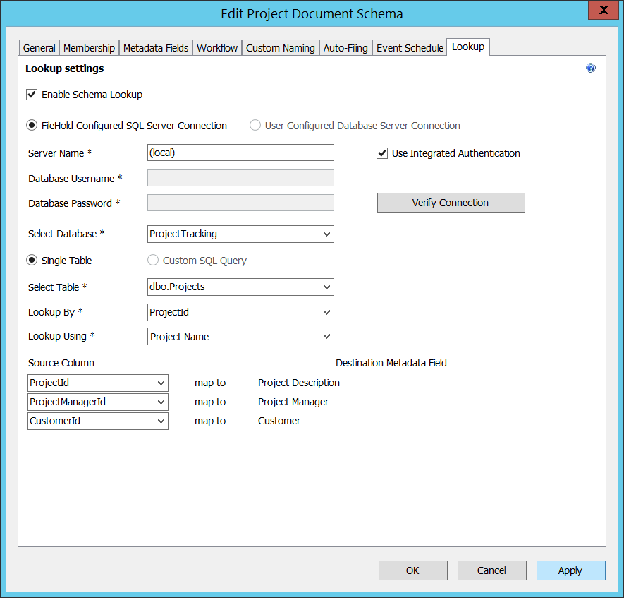 Project schema lookup settings