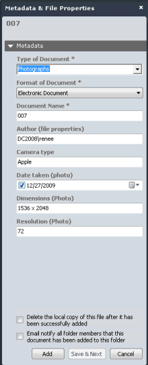 Metadata extracted from file properties in metadata pane