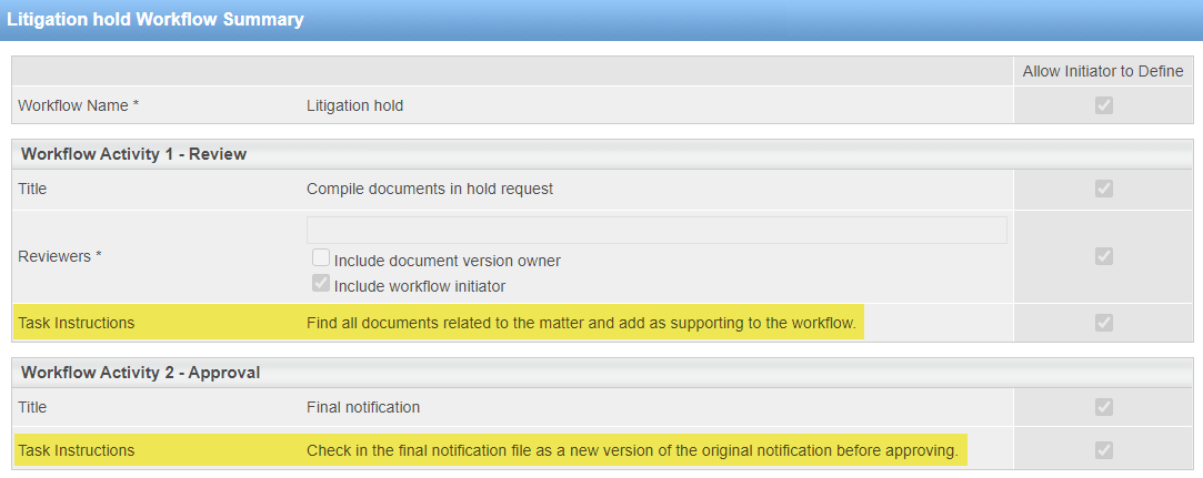 Legal hold workflow template example settings