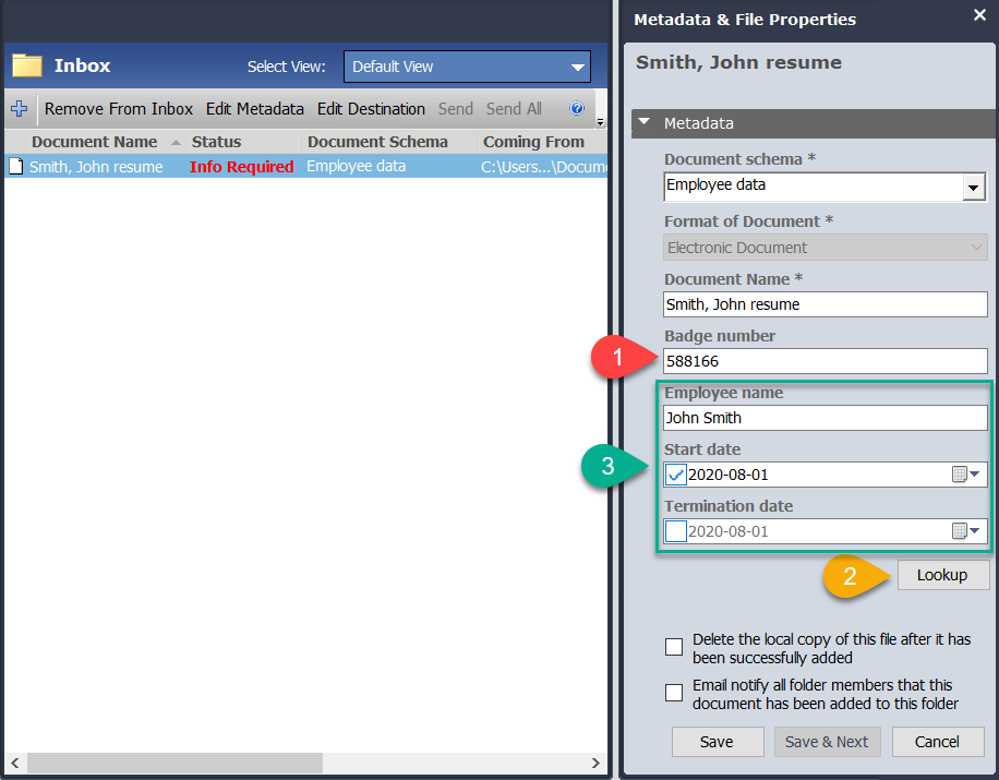 Database lookup from metadata pane