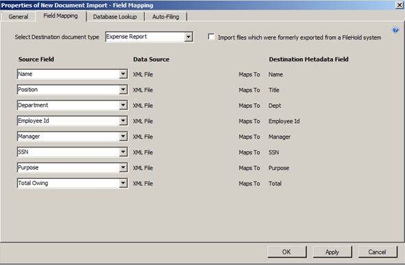 Expense report manage imports field mapping example