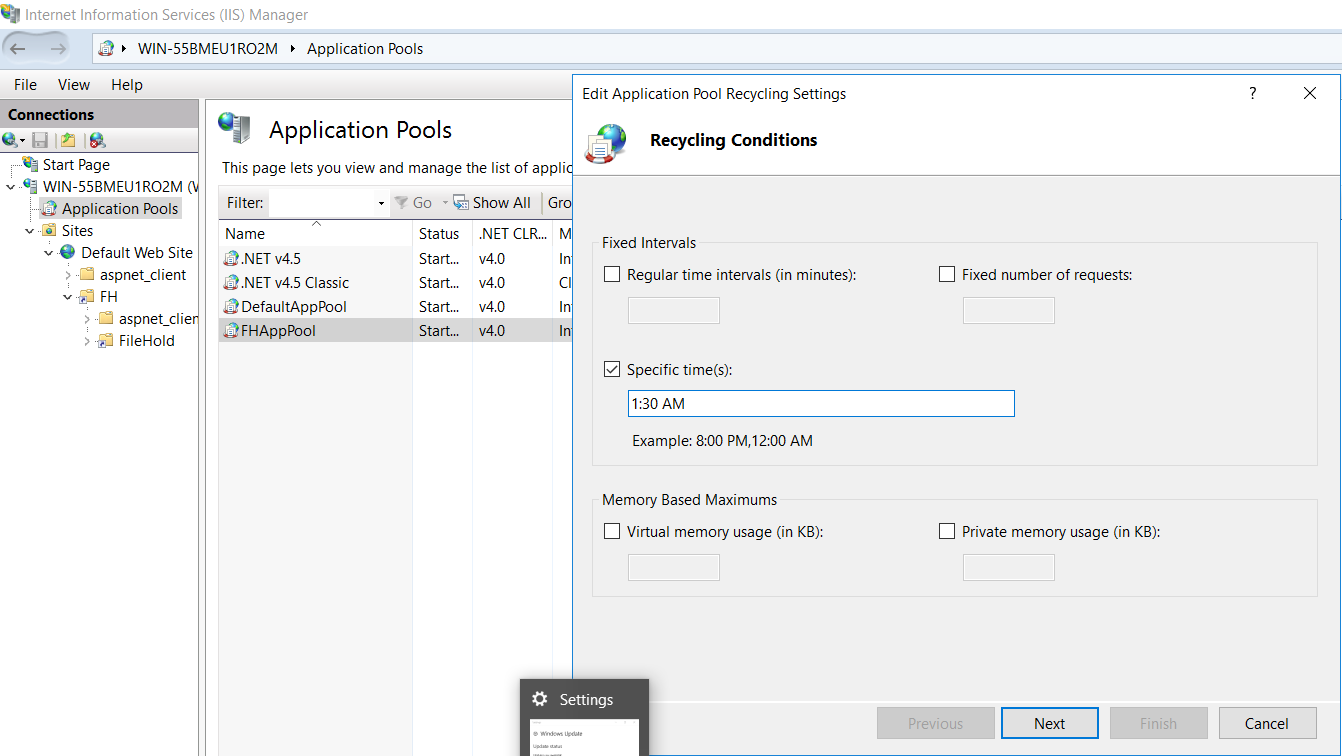 IIS Manager - FHAppPool recycling