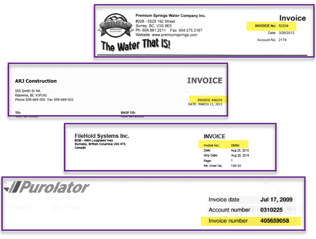 Invoice header samples