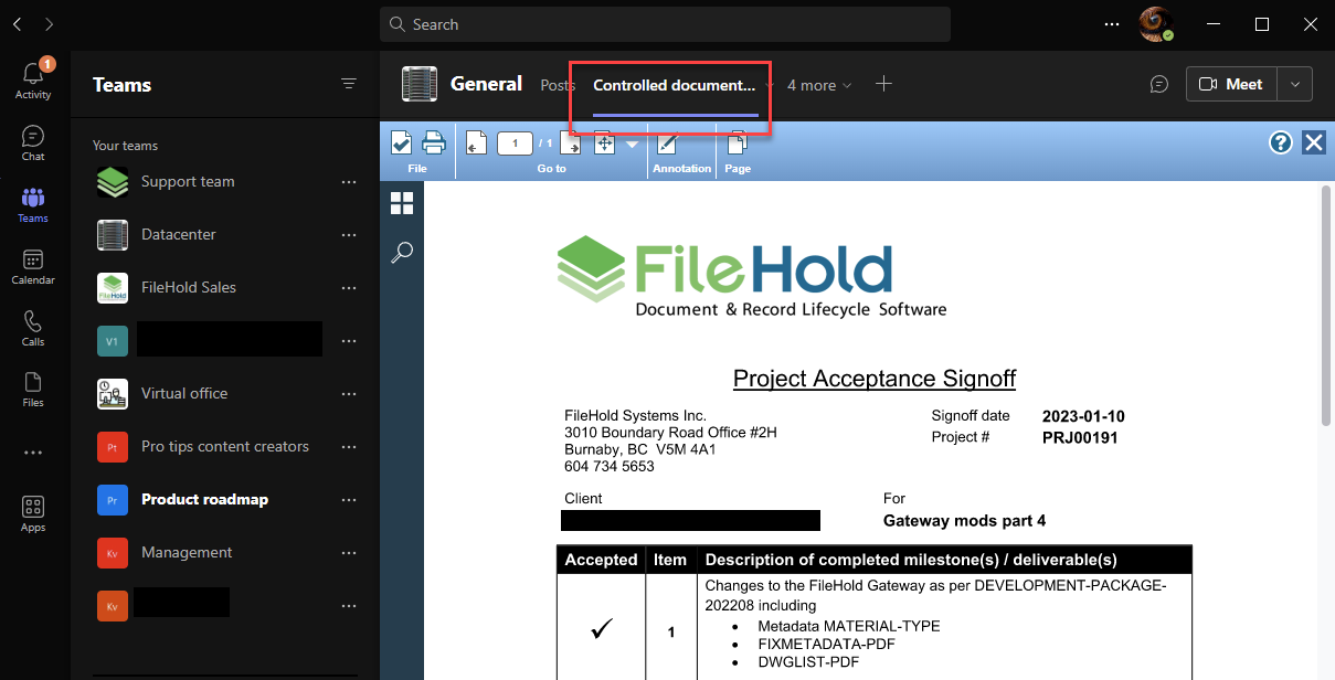 Teams client with FileHold viewer